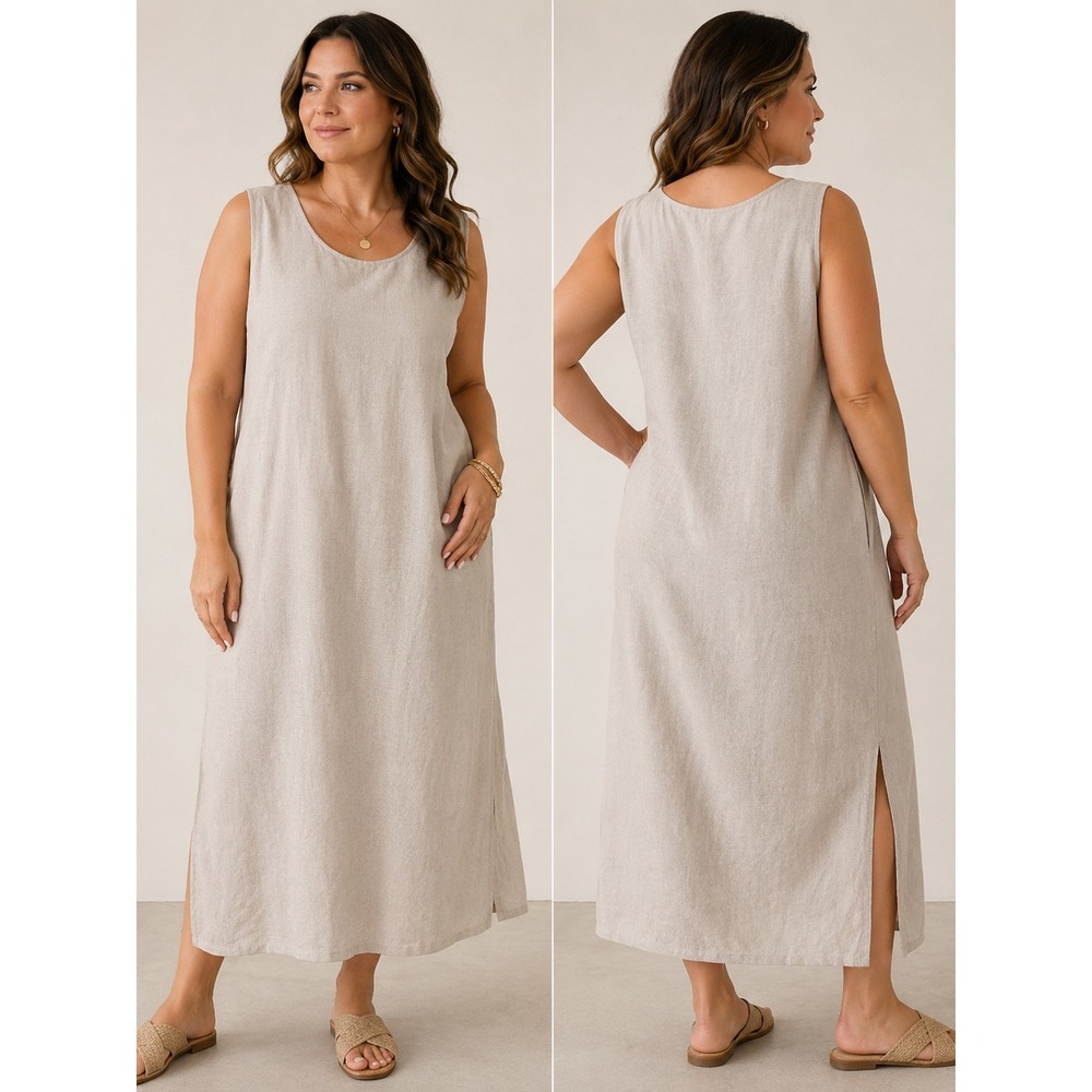 Lord & Taylor Women XL Linen Maxi Dress Oatmeal Beige Sleeveless Tank Shift NWT